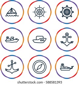 nautical icons set. Set of 9 nautical outline icons such as boat, helm, anchor, water military