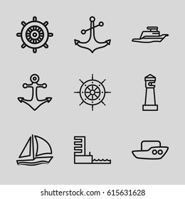 Nautical icons set. set of 9 nautical outline icons such as lighthouse, boat, helm, anchor, ship, harbor