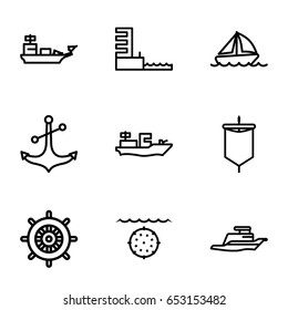 Nautical icons set. set of 9 nautical outline icons such as helm, anchor, ship, boat, harbor, sail