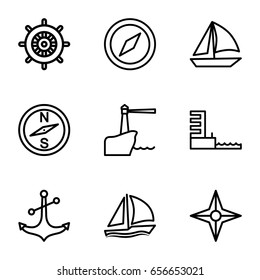 Nautical icons set. set of 9 nautical outline icons such as helm, anchor, harbor, sailboat, lighthouse