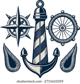 Nautical icons set with anchor, compass, lighthouse, and ship wheel