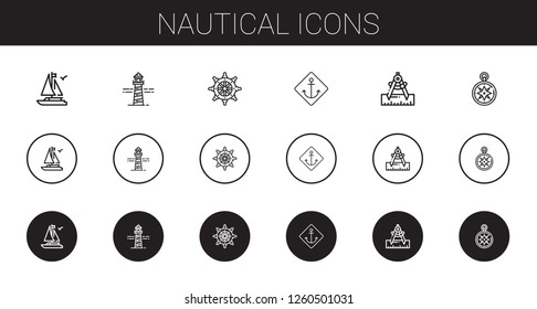 nautical icons set. Collection of nautical with boat, lighthouse, rudder, anchor, compass, wind rose. Editable and scalable nautical icons.
