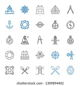 nautical icons set. Collection of nautical with compass, oar, lighthouse, paddles, lifesaver, lifeguard, pirate, sea, wind rose, boat, lifebuoy. Editable and scalable nautical icons.