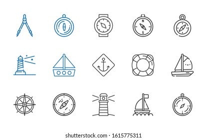 nautical icons set. Collection of nautical with compass, boat, lighthouse, lifesaver, anchor. Editable and scalable nautical icons.