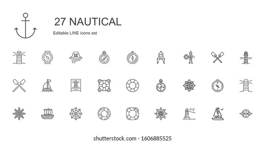 nautical icons set. Collection of nautical with lighthouse, rudder, lifesaver, float, trireme, compass, boat, oar, lifeguard, paddles, pirate. Editable and scalable nautical icons.
