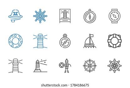 nautical icons set. Collection of nautical with rudder, compass, lifeguard, lighthouse, lifebuoy, boat, float, pirate. Editable and scalable nautical icons.