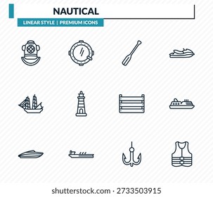 nautische Symbole - Tauchhelm, Bullauge, Ruder, Kreuzfahrtschiff, Schwimmweste Umriss Vektorsammlung.