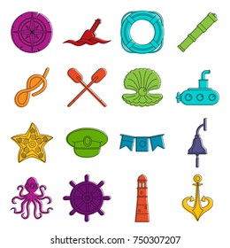 Nautical icons set. Doodle illustration of vector icons isolated on white background for any web design