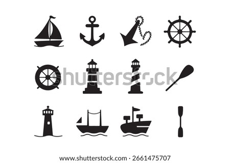 Nautical icons set featuring ships anchors lighthouses and wheels