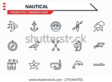 nautical icons set - fish facing right, big anchor, compass inclined, snorkling glasses, submarine outline vector collection.