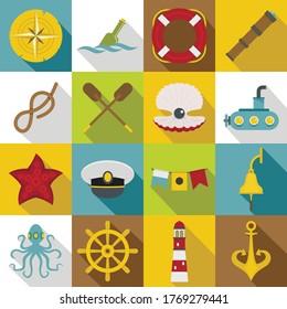 Nautical icons set. Flat illustration of 16 nautical vector icons for web