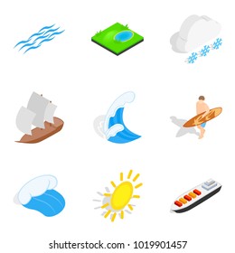 Nautical icons set. Isometric set of 9 nautical vector icons for web isolated on white background