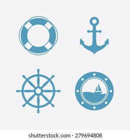 Nautical icons set. Lifebuoy, anchor, steering wheel, porthole. Vector illustration