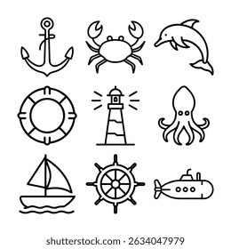 nautical icons set line art 