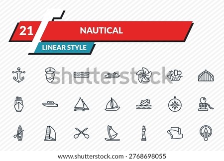 nautical icons set - marine, ship admiral, salt water, vessel, port and starboard outline vector collection.