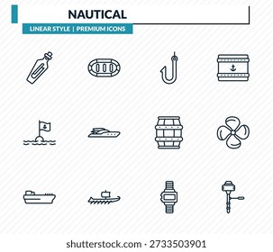 Conjunto de iconos náuticos: mensaje en una botella, balsa de goma, anzuelo de pesca, hélice, colección de Vector de contorno de motor de bote.