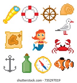 Nautical icons set. Pixel art. Old school computer graphic style. Games elements.