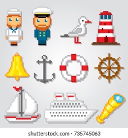 Nautical icons set. Pixel art. Old school computer graphic style. Games elements.