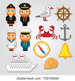 Nautical icons set. Pixel art. Old school computer graphic style. Games elements.