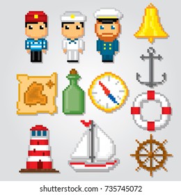 Nautical icons set. Pixel art. Old school computer graphic style. Games elements.