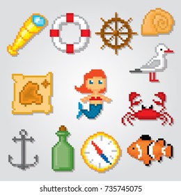 Nautical icons set. Pixel art. Old school computer graphic style. Games elements.