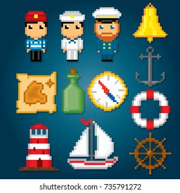 Nautical icons set. Pixel art. Old school computer graphic style. Games elements.