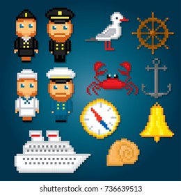 Nautical icons set. Pixel art. Old school computer graphic style. Games elements.