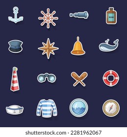 Nautical icons set stikers collection vector with shadow on purple background