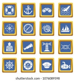 Nautical icons set vector blue square isolated on white background 