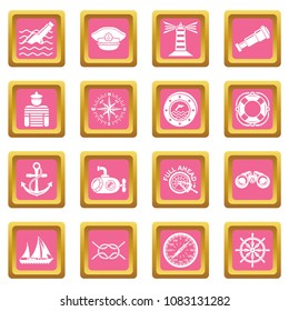 Nautical icons set vector pink square isolated on white background 