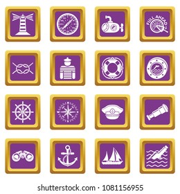 Nautical icons set vector purple square isolated on white background 