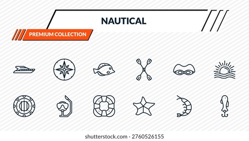 nautical icons set - yatch, wind rose, fish, snorkel, fish shaped bait outline vector collection.
