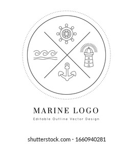 Nautical icons set.Editable line vector.Sea and ocean symbols bundle, black isolated elements.Template for logo or branding.Sailor 
cruise, yacht club, business identity, menu, card design.

