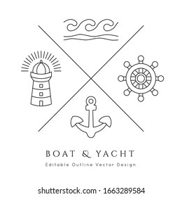 Nautical icons set.Editable line vector.Sea and ocean symbols bundle, black isolated elements.Template for logo or branding.Sailor 
cruise, yacht club, business identity, menu, card design.
