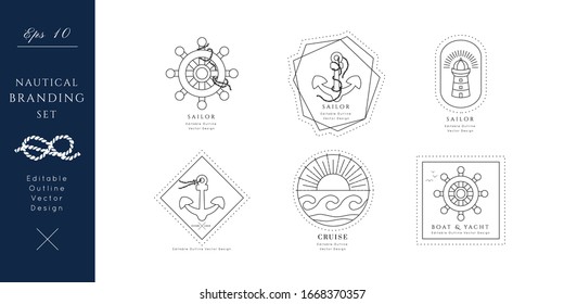 Nautical icons set.Editable line vector.Sea and ocean symbols bundle, black isolated elements.Template for logo or branding.Sailor 
cruise, yacht club, business identity, menu, card design.
