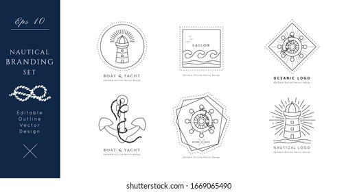 Nautical icons set.Editable line vector.Sea and ocean symbols bundle, black isolated elements.Template for logo or branding.Sailor 
cruise, yacht club, business identity, menu, card design.
