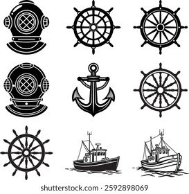 Nautical Icons Ship Wheel, Anchor, Diving Helmet, Fishing Boat Graphics Set