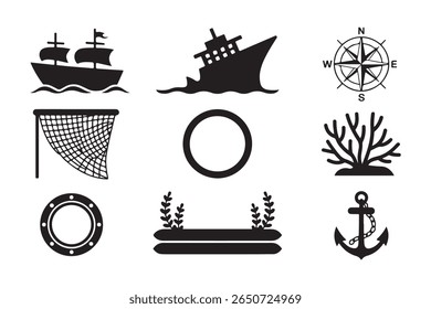 Ícones náuticos navios, âncoras e gráficos de bússola para design