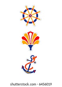 Nautical icons, steering wheel, shell and anchor