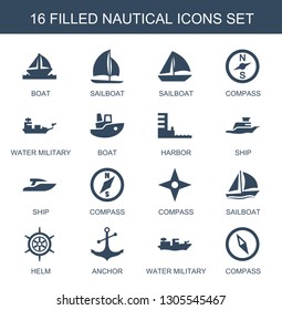 nautical icons. Trendy 16 nautical icons. Contain icons such as boat, sailboat, compass, water military, harbor, ship, helm, anchor. nautical icon for web and mobile.