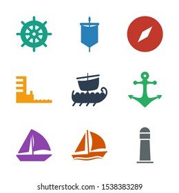 nautical icons. Trendy 9 nautical icons. Contain icons such as lighthouse, sailboat, anchor, water military, harbor, compass, sail, helm. nautical icon for web and mobile.