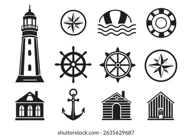 Nautical icons vector set depicting lighthouse compass wheel life preserver anchor houses