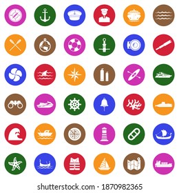 Nautical Icons. White Flat Collection In Circle. Vector Illustration.