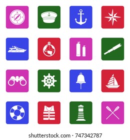 Nautical Icons. White Flat Design In Square. Vector Illustration. 