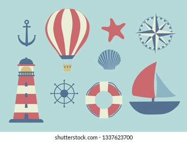 Nautical illustration elements collection. Lighthouse, sail boat, compass, life buoy.