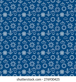 Nautical Illustration - Sail boat, anchor, lifebuoy, helm, seagull, sun, stars, clouds - Vector Seamless Pattern