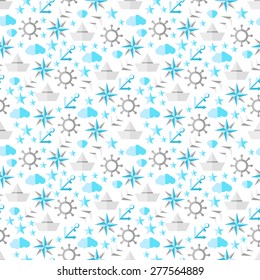 Nautical Illustration - Sail boat, anchor, lifebuoy, helm, seagull, sun, stars, clouds - Vector Seamless Pattern