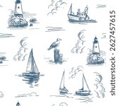 Nautical illustration seamless, pattern, sea, yachts, lighthouse, seagulls, realistic sketch, hand drawn vector