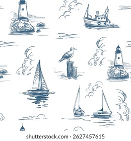 Nautical illustration seamless, pattern, sea, yachts, lighthouse, seagulls, realistic sketch, hand drawn vector