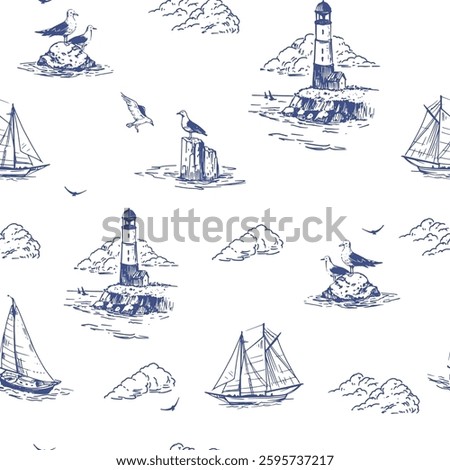 Nautical illustration seamless, pattern, sea, yachts, lighthouse, seagulls, realistic sketch, hand drawn vector